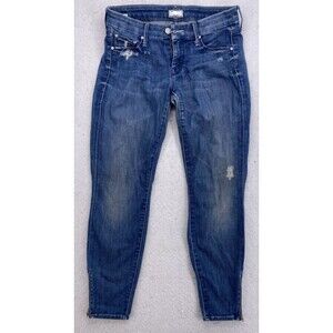 Mother Looker Crop Zip Jeans  Graffiti Girl Wash 24 Skinny Fit Blue Distressed